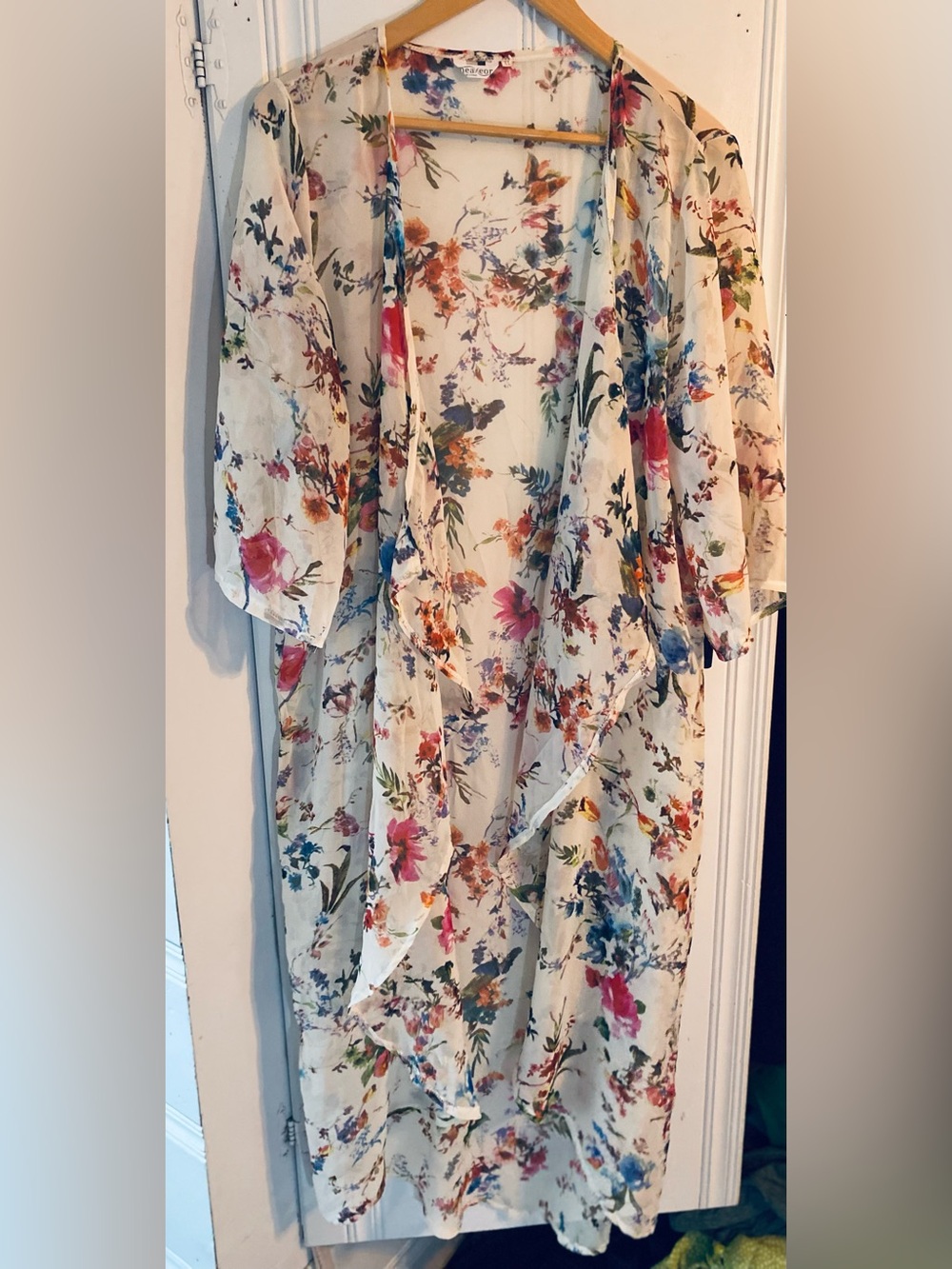 Meaeor brand  Floral Kimono Overlay in Cream with Pink and Blue Accents